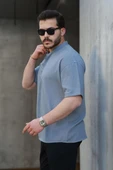Oversize Yarım Pat Bambu Kısa kol Gömlek - Soğuk Mavi - 3