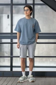 Cep Baskılı İki İplik Kumaş Pamuklu Oversize Erkek T-Shirt - Soğuk Mavi - 7