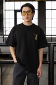 Cep Baskılı İki İplik Kumaş Pamuklu Oversize Erkek T-Shirt - Siyah - 10