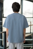 Cep Baskılı İki İplik Kumaş Pamuklu Oversize Erkek T-Shirt - Soğuk Mavi - 4