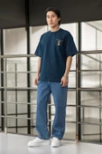 Cep Baskılı İki İplik Kumaş Pamuklu Oversize Erkek T-Shirt - Prusya Mavisi - 10