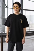 Cep Baskılı İki İplik Kumaş Pamuklu Oversize Erkek T-Shirt - Siyah - 11