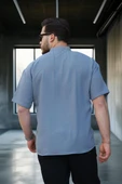 Oversize Yarım Pat Bambu Kısa kol Gömlek - Soğuk Mavi - 4