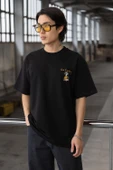 Cep Baskılı İki İplik Kumaş Pamuklu Oversize Erkek T-Shirt - Siyah - 1