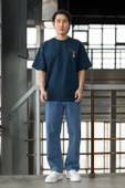 Cep Baskılı İki İplik Kumaş Pamuklu Oversize Erkek T-Shirt - Prusya Mavisi - 11
