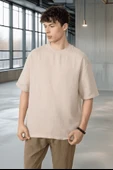 Rahat Kalıp Müslin Kumaş Erkek T-Shirt - Orta Bej - 6
