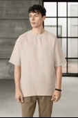 Rahat Kalıp Müslin Kumaş Erkek T-Shirt - Orta Bej - 1