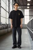 Cep Baskılı İki İplik Kumaş Pamuklu Oversize Erkek T-Shirt - Siyah - 5