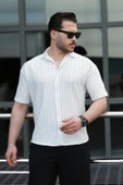 Apaş Yaka Krep Kumaş Çizgili Yarım Oversize Erkek Gömlek - Beyaz - 3