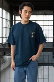 Cep Baskılı İki İplik Kumaş Pamuklu Oversize Erkek T-Shirt - Prusya Mavisi - 1