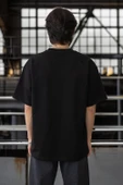 Cep Baskılı İki İplik Kumaş Pamuklu Oversize Erkek T-Shirt - Siyah - 4