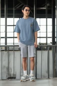 Cep Baskılı İki İplik Kumaş Pamuklu Oversize Erkek T-Shirt - Soğuk Mavi - 5