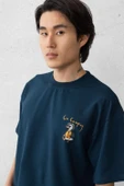 Cep Baskılı İki İplik Kumaş Pamuklu Oversize Erkek T-Shirt - Prusya Mavisi - 7