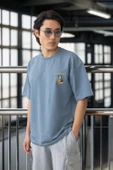 Cep Baskılı İki İplik Kumaş Pamuklu Oversize Erkek T-Shirt - Soğuk Mavi - 1