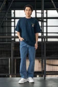 Cep Baskılı İki İplik Kumaş Pamuklu Oversize Erkek T-Shirt - Prusya Mavisi - 9