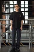 Cep Baskılı İki İplik Kumaş Pamuklu Oversize Erkek T-Shirt - Siyah - 3