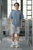 Cep Baskılı İki İplik Kumaş Pamuklu Oversize Erkek T-Shirt - Soğuk Mavi - 6