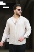 Scott – Soft Dokulu Yarım Oversize Modern Erkek Gömlek - Bej thumbnail 1