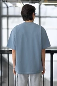 Cep Baskılı İki İplik Kumaş Pamuklu Oversize Erkek T-Shirt - Soğuk Mavi - 9