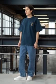 Cep Baskılı İki İplik Kumaş Pamuklu Oversize Erkek T-Shirt - Prusya Mavisi - 12