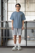 Cep Baskılı İki İplik Kumaş Pamuklu Oversize Erkek T-Shirt - Soğuk Mavi - 11