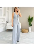 Tıfany Gri Keten Kumaş Astarlı Yelek Lastikli Yüksek Bel Palazzo Pantolon Takım TIFANY-4342 - 2