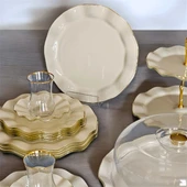 34 Parça 6 Kişilik Krem Surf Gold Altın Yaldızlı Çay Servis İkram Takımı - 1