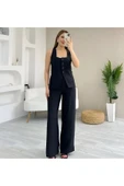 Tıfany Siyah Keten Kumaş Astarlı Yelek Lastikli Yüksek Bel Palazzo Pantolon Takım TIFANY-4342 - 1