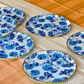 Glore Blue Rose Altın Yaldızlı Cam 6 Kişlik Pasta Tabağı Seti - 3