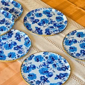 Glore Blue Rose Altın Yaldızlı Cam 6 Kişlik Pasta Tabağı Seti - 4