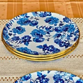 Glore Blue Rose Altın Yaldızlı Cam 6 Kişlik Pasta Tabağı Seti - 1