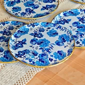 Glore Blue Rose Altın Yaldızlı Cam 6 Kişlik Pasta Tabağı Seti - 8