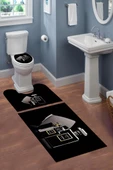 Yıkanabilir Kaymaz Dot Tabanlı Dekoratif Desenli 3'lü Klozet Takımı Banyo Paspas Seti Siyah #VALUE! - 1