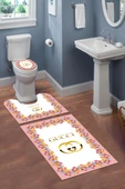 Yıkanabilir Kaymaz Tabanlı Dekoratif Desenli 3 Lü Klozet Takımı Banyo Paspas Seti PEMBE #VALUE! - 1