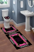 Yıkanabilir Kaymaz Tabanlı Dekoratif Desenli 3 Lü Klozet Takımı Banyo Paspas Seti SİYAH-Pembe #VALUE! - 1