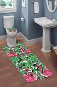 Yıkanabilir Kaymaz Tabanlı Dekoratif Flamingo Desenli 3 Lü Klozet Takımı Banyo Paspas Seti RENKLİ #VALUE! - 1