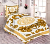 Pamuk Dolgulu Kadife Kumaşlı Gold Baroque Versace Desenli Tek Kişilik Kapitone Yatak Örtüsü Beyaz-Gold 180 X 240 - 1