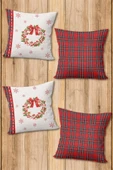 Çift Taraf Baskılı Parlak  Kumaş  Modern Yılbaşı Desenli 4 adet Kırlent Kılıf Seti RENKLİ 43 X 43 - 1