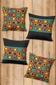 Çift Taraf Baskılı Parlak  Kumaş  Modern Desen 4 adet Kırlent Kılıf Seti RENKLİ 43 X 43 - 1