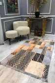 Kaymaz Taban Yıkanabilir Geometrik Gold Detayi Vintage Desen Halı GOLD-GRİ 80 X 300 - 1