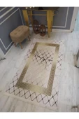 Kaymaz Tabanlı Yıkanabilir Granit Çerçeve Desenli Dot Taban Halı Krem-Gold 80 X 300 - 2