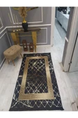 Kaymaz Tabanlı Yıkanabilir Granit Çerçeve Desenli Dot Taban Halı Siyah-Gold 140 X 200 - 1