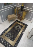 Kaymaz Tabanlı Yıkanabilir Granit Çerçeve Desenli Dot Taban Halı Siyah-Gold 140 X 200 - 2