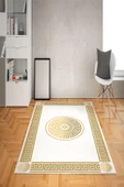 Kaymaz Taban Yıkanabilir Dekoratif Çerçeveli Dot Taban Halı Beyaz-Gold 140 X 200 - 2