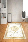 Kaymaz Taban Yıkanabilir Çerçeveli Granitli Medusa Desenli Dot Taban Halı Beyaz-Gold 120 X 180 - 1