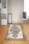 Kaymaz Tabanlı Yıkanabilir Çerçeveli Geometrik Desenli Dot Taban Halı Krem-Gold 100 X 200 - 1