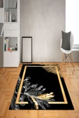 Kaymaz Tabanlı Yıkanabilir Çerçeveli Dekoratif Desenli Dot Taban Halı Siyah-Gold 160 X 230 - 1