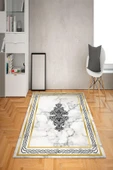 Kaymaz Tabanlı Yıkanabilir Geometrik Çerçeve Desenli Dot Taban Halı Beyaz-Gold 120 X 180 - 1