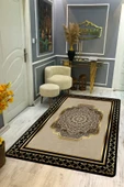 Kaymaz Taban Yıkanabilir Dijital Baskı Çerçeveli Gold Çizgili Halı RENKLİ 80 X 150 - 1