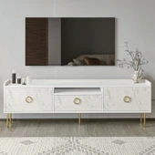 T0015 Lidya Kapaklı, Açık Raflı Tv Sehpası Beyaz/Mormo Beyaz Mermer - 1